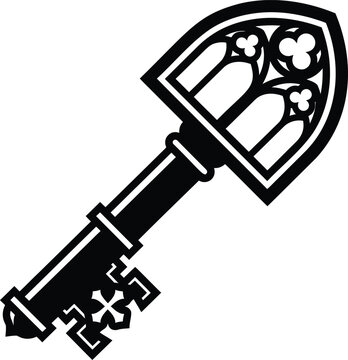 Black and white vector illustration of an ornate, decorative medieval key with gothic architecture window tracery details on the bow head and a cross symbol on the bit