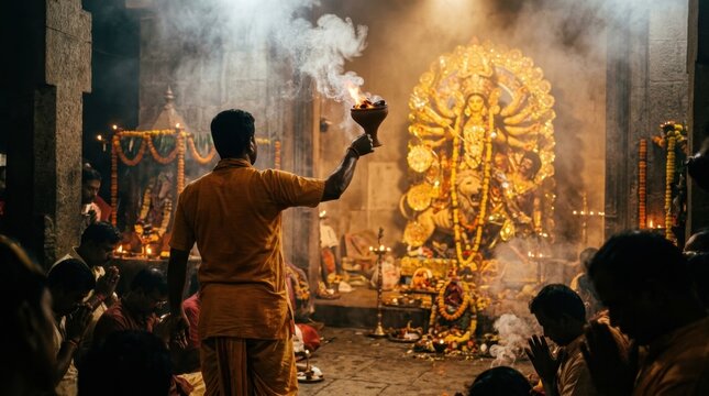 Durga Puja Aarti Ritual with Incense in Temple