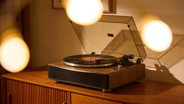 Vintage Turntable and Vinyl Record with Warm Cinematic Lighting