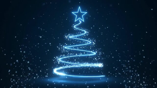 Abstract glowing blue christmas tree with a star and sparkles on dark background