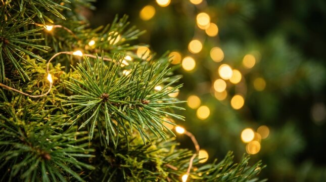 Glowing fairy lights on pine tree branches for Christmas holiday background.