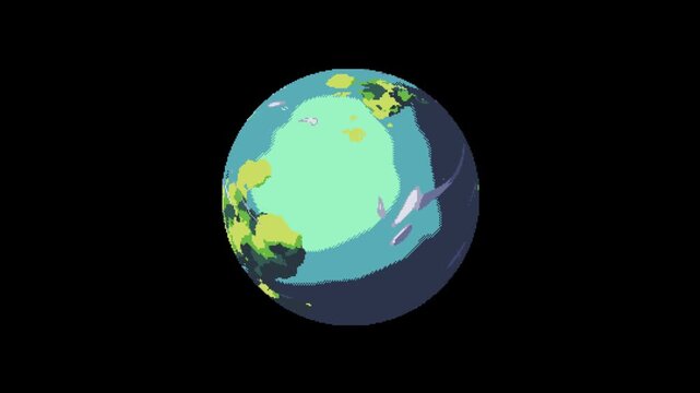 Island planet rotation loop animation in pixel art style with black screen background