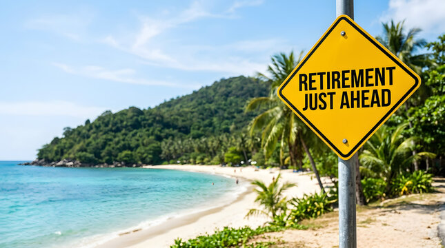 Yellow road sign announcing upcoming retirement near tropical beach