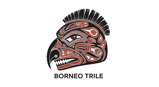 Borneo Eagle Tribal Art - Indigenous Mask Design with Bold Lines and Red, Black, and White Colors