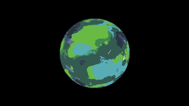 Green planet rotation in pixel art style with black screen background