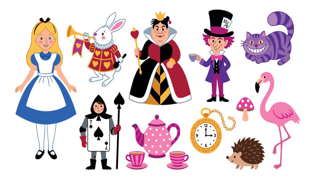 Alice in Wonderland vector cartoon characters set including white rabbit mad hatter queen of hearts isolated on white background,