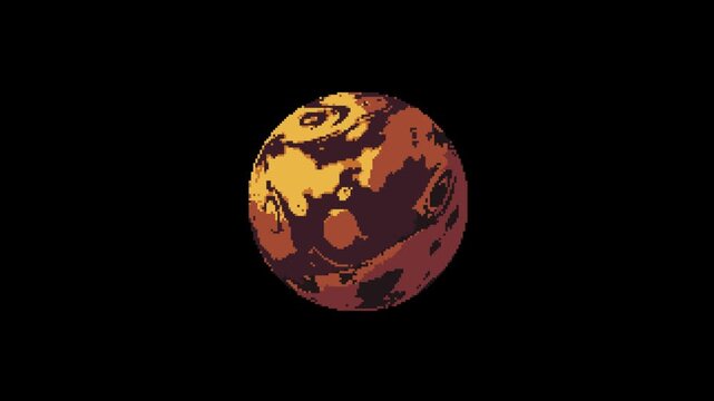 brown planet rotation animation in pixel art style with black screen background