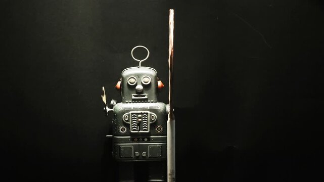 retro robot toy with a stop AI sign stop motion 