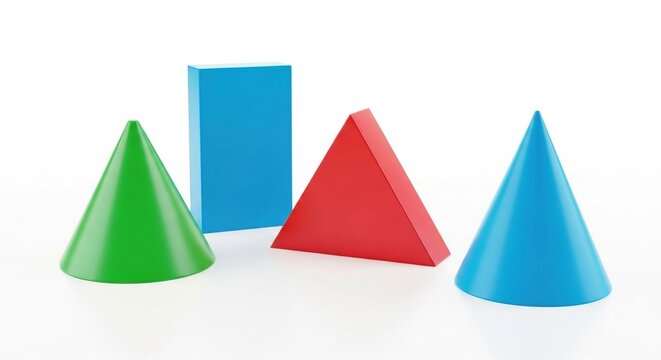 Collection of colorful geometric shapes - cone, triangle, rectangle - isolated on white background, clean and modern design