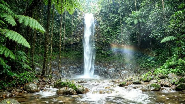 Tropical waterfall in lush rainforest with rainbow mist and flowing stream, serene nature landscape for travel and relaxation backgrounds