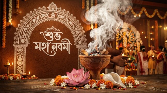 Traditional Maha Navami Havan Ritual with Smoke