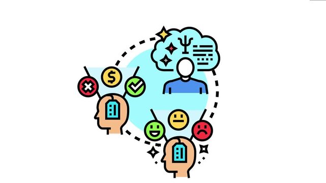 Behavioral psychology concept visualizes a specialist impacting two minds, influencing human reactions, choices, and mental states through different stimuli and outcomes