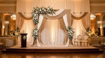 Obraz premium A beautifully decorated wedding altar stands prominently on a stage. The altar features a luxurious backdrop of draped cream and gold fabrics, accented with elegant lighting.