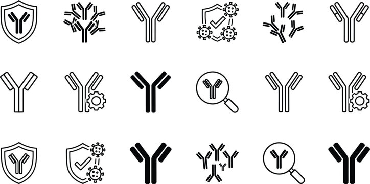 Medical immunology line icons set featuring antibody cells virus protection shields and protein molecule structure symbols pack