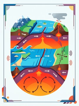 Plate tectonics earth mantle diagram, flat vector style, colorful tones, geology science concept
