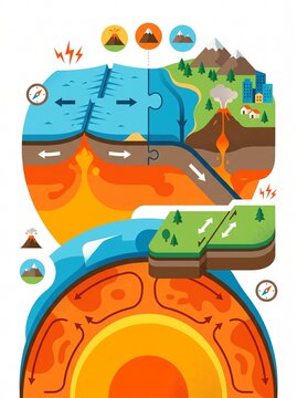 Plate tectonics earth structure diagram, flat vector style, blue orange, geology concept