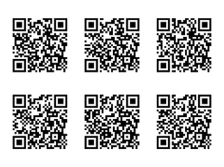 Fototapeta premium Digital QR code set with 6 unique matrix barcodes. Black and white square scan icons for mobile payments, web links, and data tracking.