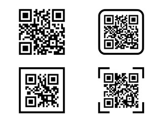 Fototapeta premium Minimalist QR code set with 4 vector icons, digital scanning symbols for mobile payment and web links, black and white matrix barcodes