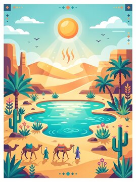 People leading camel caravan by desert oasis under hot sun, travel exploration concept