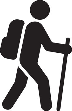 Silhouette of a hiker with backpack and walking stick on a white background