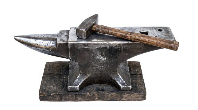Heavy metal anvil with a rusty iron hammer for blacksmith work isolated on transparent background