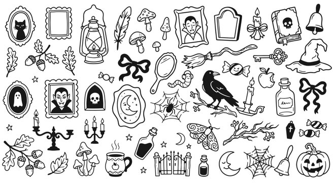 Witchy Halloween Hand Drawn Doodle Collection with Gothic Frames, Raven, Candles, Mushrooms and Spooky Magic Objects