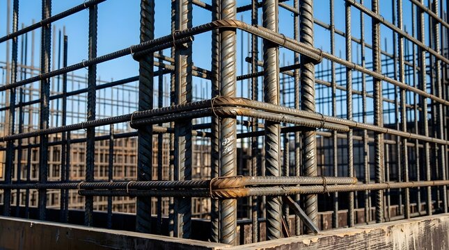 Steel rebar reinforcement cage for concrete column construction on a building site