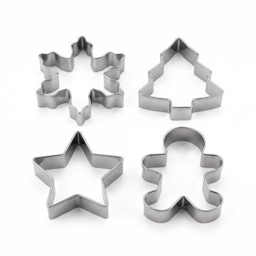 Generic stainless steel Christmas cookie cutters molds set isolated on white.