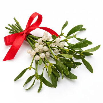Generic fresh holiday mistletoe hanging bunch with red satin ribbon bow isolated on white.