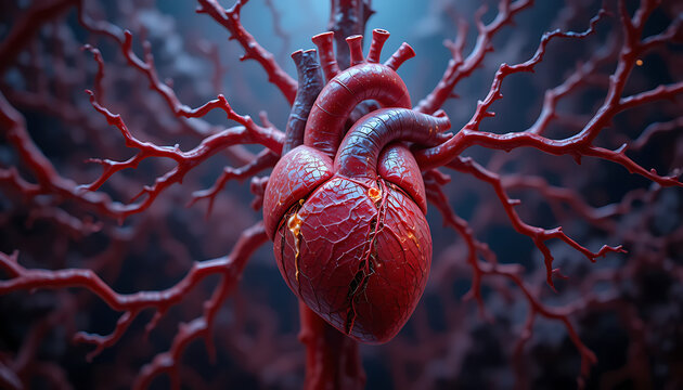 3D medical illustration of human heart with glowing blood vessels and vascular network in dark background