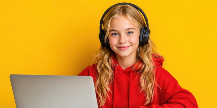 Schoolgirl wearing headphones and using a laptop, representing online education, digital learning, technology, studying, school preparation and modern childhood