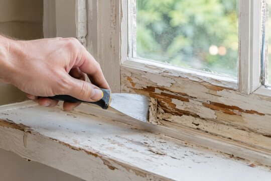 Hand scraping peeling paint from an old wooden window frame, representing restoration, repair, renovation, surface preparation and home improvement