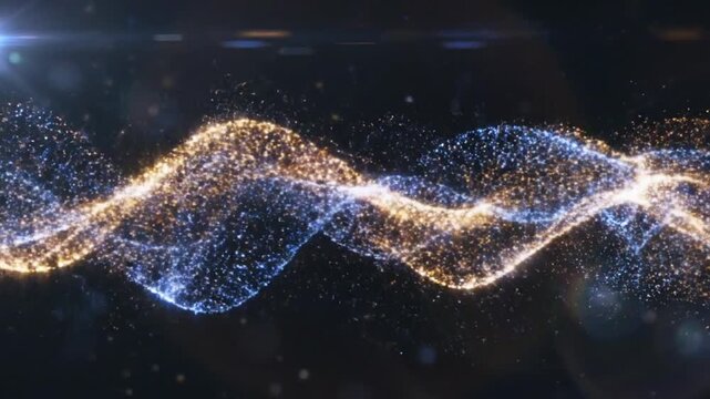 Abstract Particle Wave: A mesmerizing abstract visualization depicts two intertwined waves of glowing particles, one shimmering with golden light, the other with ethereal blue, against a dark.