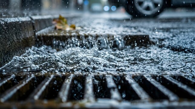 Heavy rainwater flowing into a metal street drain gutter during a storm on an urban city road