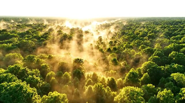 Misty Morning Forest Canopy: An aerial view reveals a vast forest canopy bathed in the warm, ethereal light of the rising sun, with mist weaving through the lush green trees.