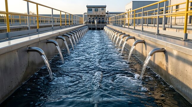 Modern Water Treatment Facility With Rows of Pipes Discharging Flowing Liquid Into Concrete Settling Basins for Industrial Purification