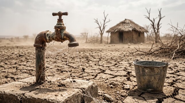 Dry water faucet in a drought-stricken landscape with cracked earth and empty bucket, symbolizing water scarcity, heatwave, climate change and environmental crisis