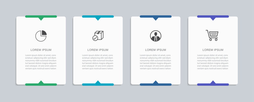Infographic template with four rectangular cards options banner steps business process workflow design.
