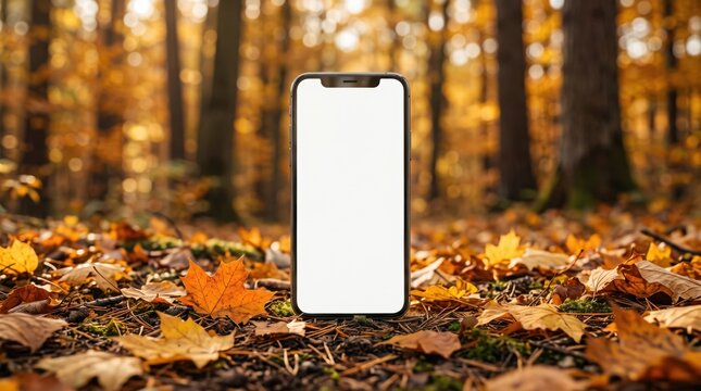Blank smartphone standing upright on an autumn forest floor covered with colorful fallen leaves, creating a natural seasonal mockup with space for digital content