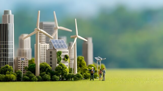 Miniature Model of Sustainable Eco-Friendly City Urban Planning with Green Energy Infrastructure and Renewable Wind Solar Power Solutions