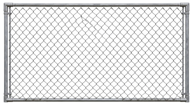 Galvanized chain link fence with metal frame and a small tear in the mesh