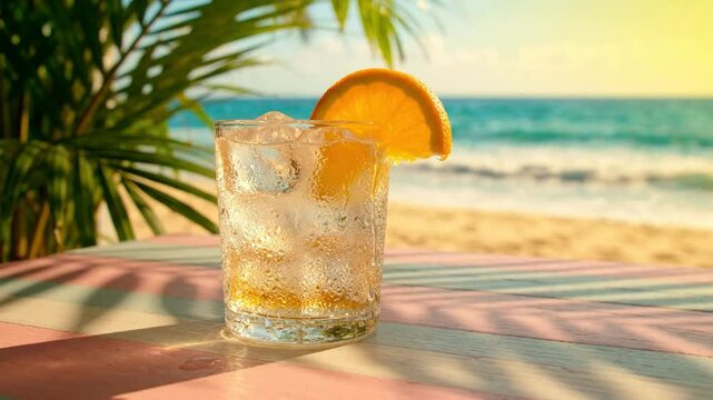 Refreshing iced cocktail with orange slice on tropical beach table at sunset summer vacation vibe and relaxing seaside atmosphere