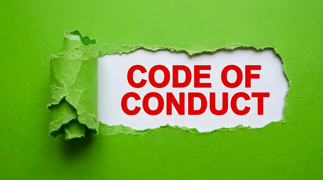 Torn paper revealing code of conduct on green background