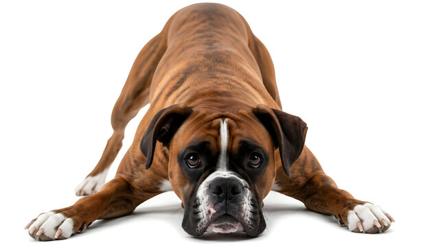 Playful boxer dog bowing on transparent background ready for activity