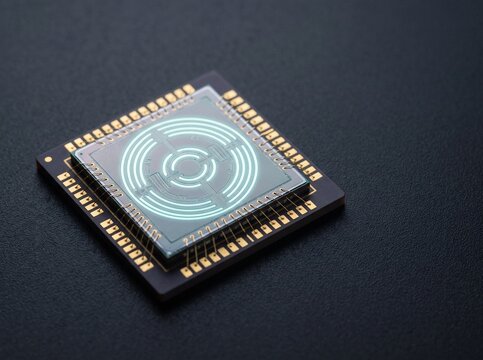 Autonomous driving radar processor die with glowing circular signal pathways on a microchip
