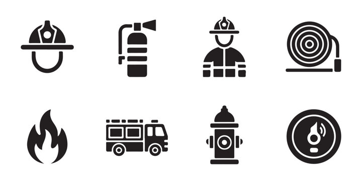 Firefighter equipment icons including helmet hose extinguisher truck and hydrant for safety and emergency services.