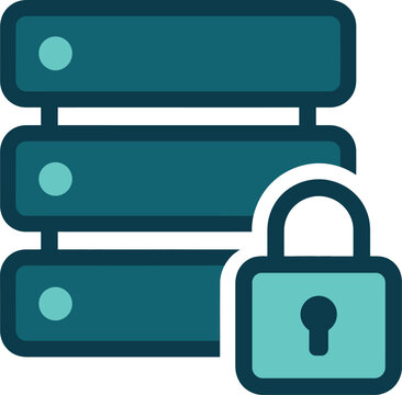 Flat vector icon representing secure server storage with a padlock symbol for data protection and cybersecurity concepts