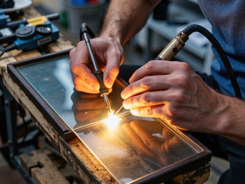 Craftsman soldering the metal frame of a glass panel with a hot flame