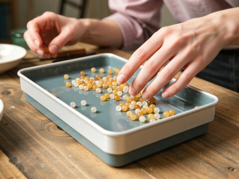 Jewellery maker sorting amber and white gemstone beads in a shallow tray