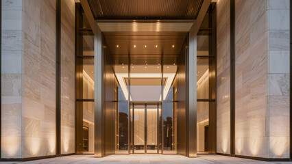 Fototapeta premium Luxury contemporary hotel entrance combining limestone, glass and dark bronze details.